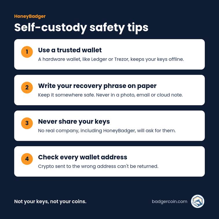 Checklist of tips for keeping crypto safe in your own wallet, including protecting your recovery phrase and double-checking wallet addresses